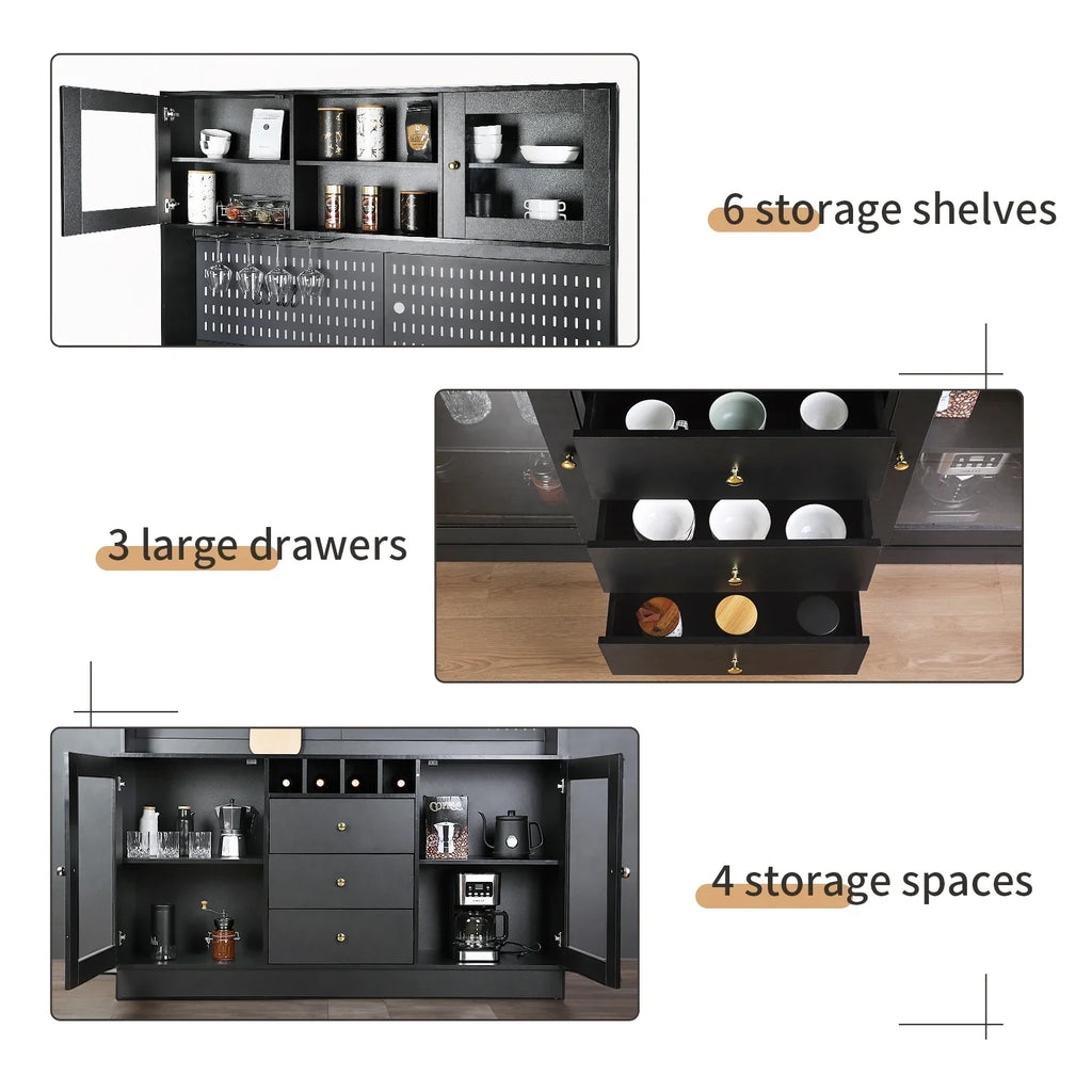 Kitchen Storage Cabinet, Buffet Hutch with Pegboard, Cup Holder