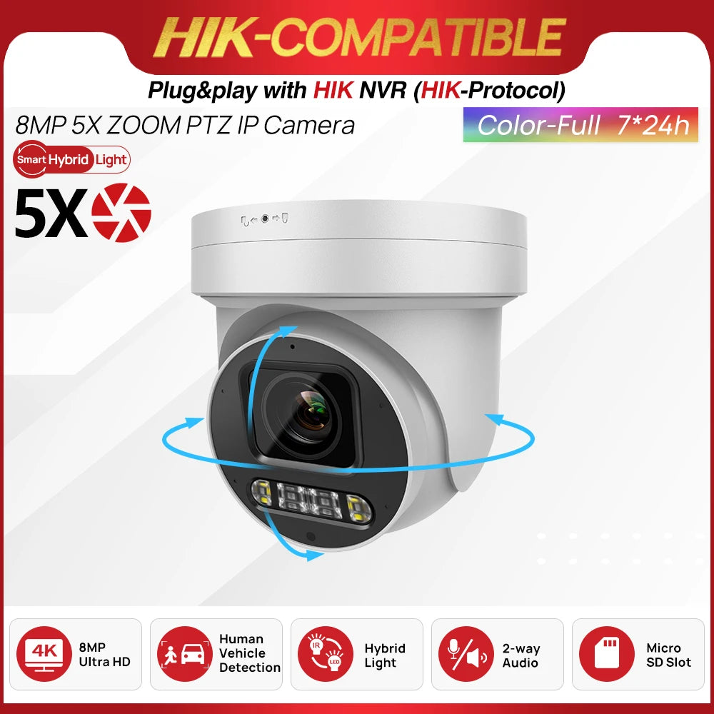 8MP 5X Zoom PTZ Camera POE Color Vu Built-in Mic Speaker