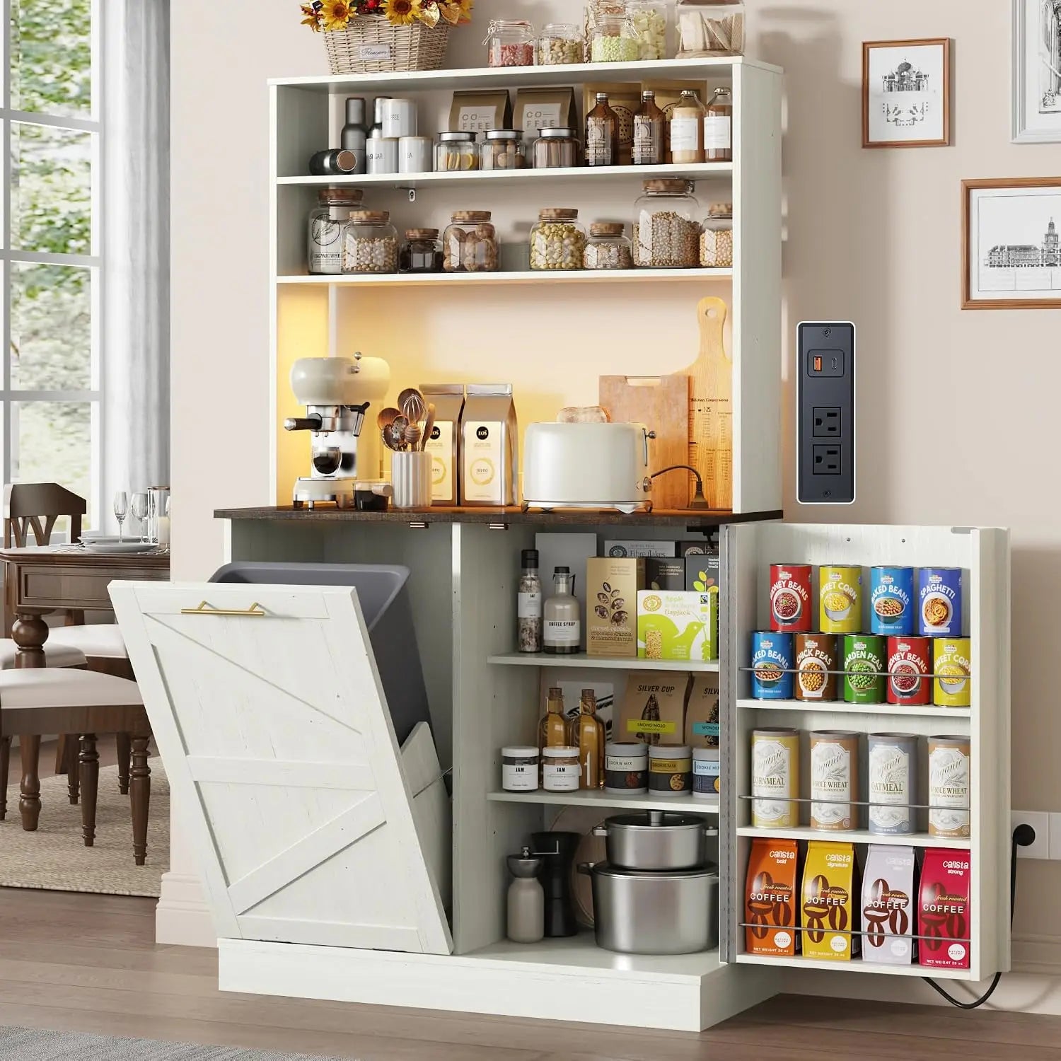 63" H Pantry Cabinets with 10 Gallon Trash Can,Led Light,Outlet,35" W Kitchen Hutch with Tilt Out Trash Can, Customized