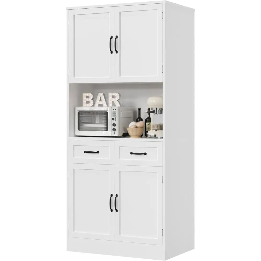 71-inch Tall White Kitchen Pantry Cabinet with Microwave Stand and Hutch for Dining Room Storage