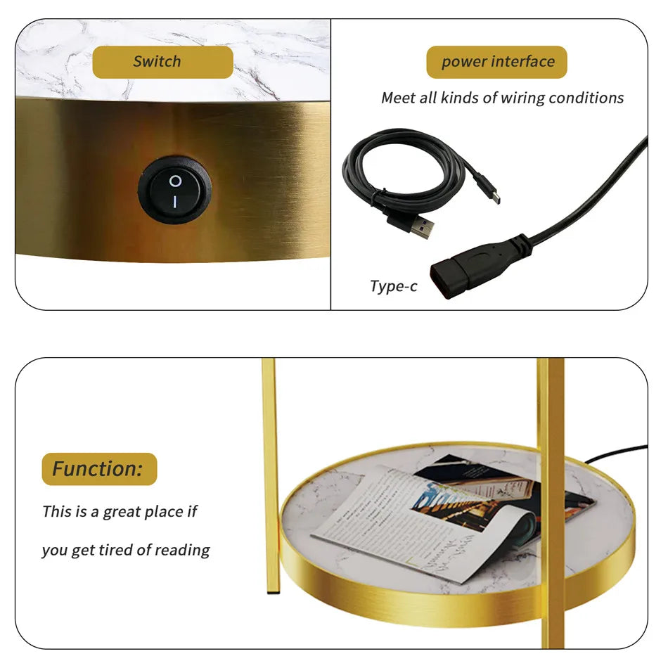 Modern Gold 2-Tier Tall Standing Floor Lamp with Storage Table