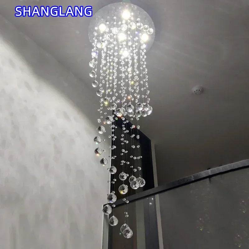 Large Crystal LED Chandeliers for Spiral Living Room Staircase