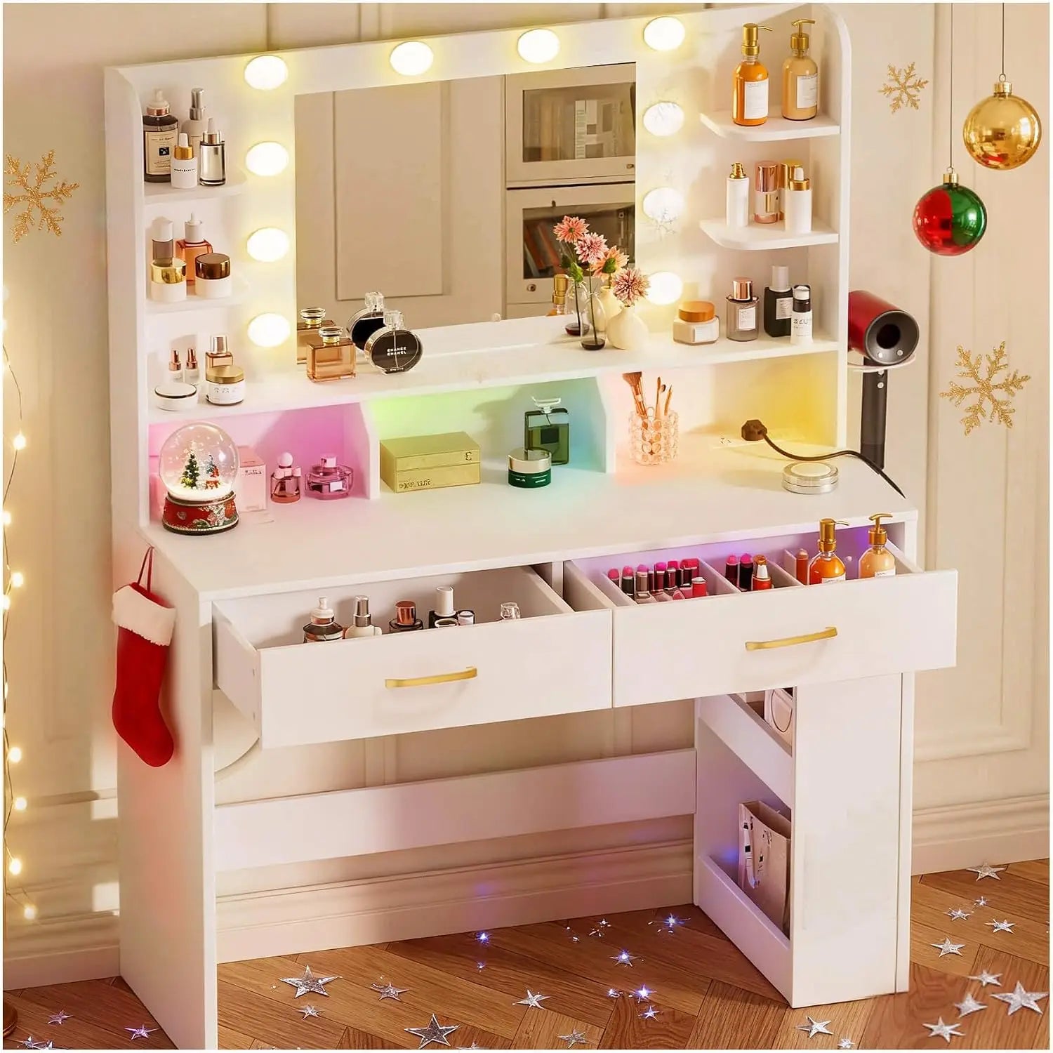 Vanity Desk with Lighted Mirror and Power Outlet, RGB LED Lights