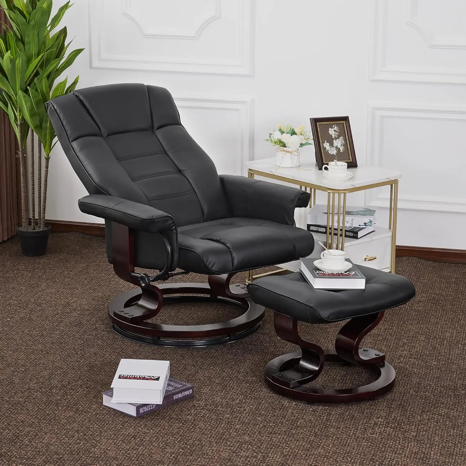 Faux Leather Chair Set, Manual Swivel Recliner with Ottoman