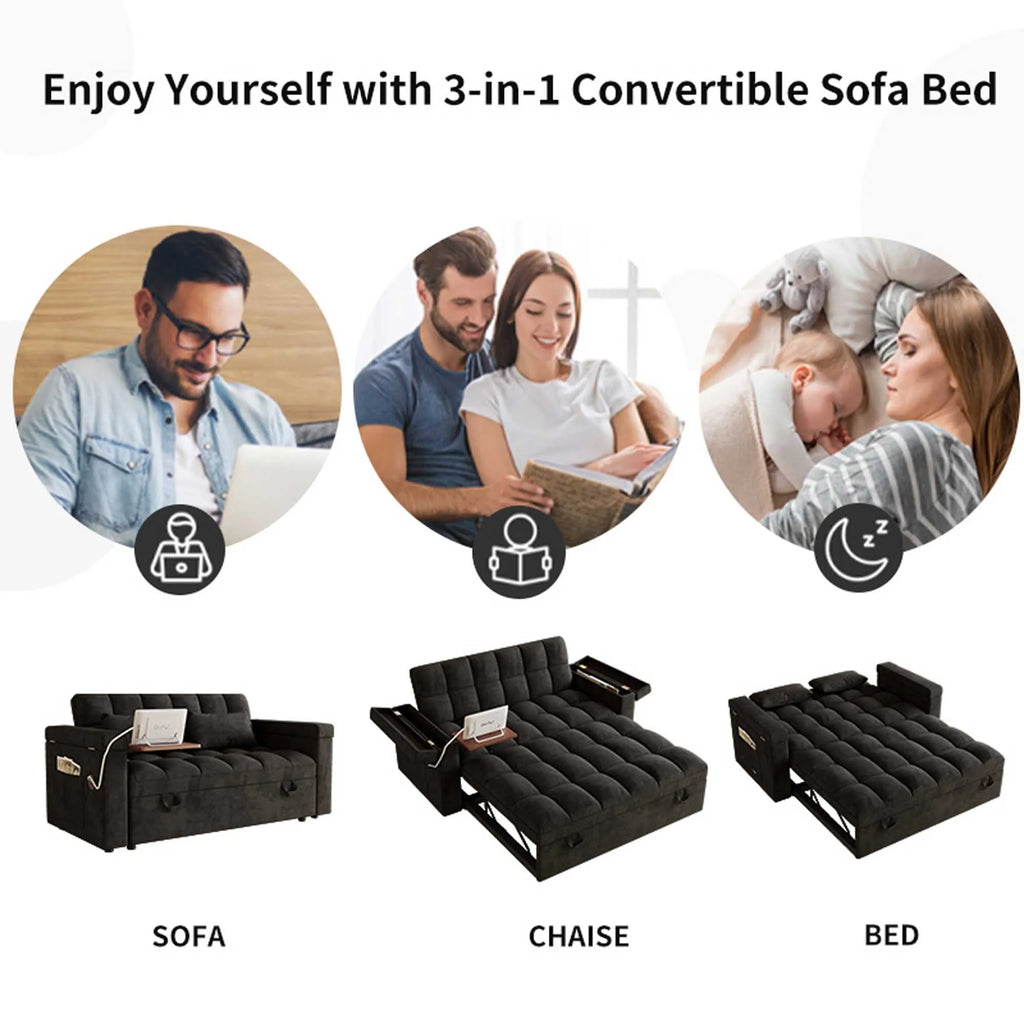 65" 3-in-1 Foldable Velvet Sofa Bed with USB Charging Port