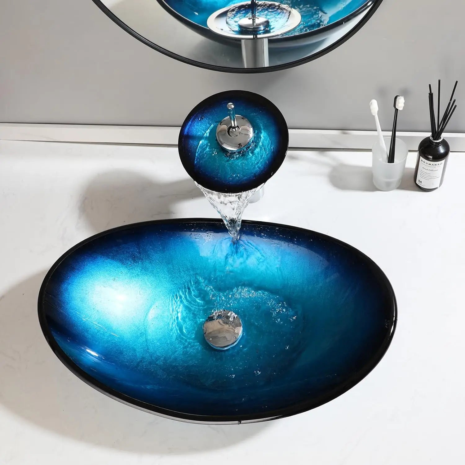 Oval Blue Bathroom Vessel Sinks With Faucet