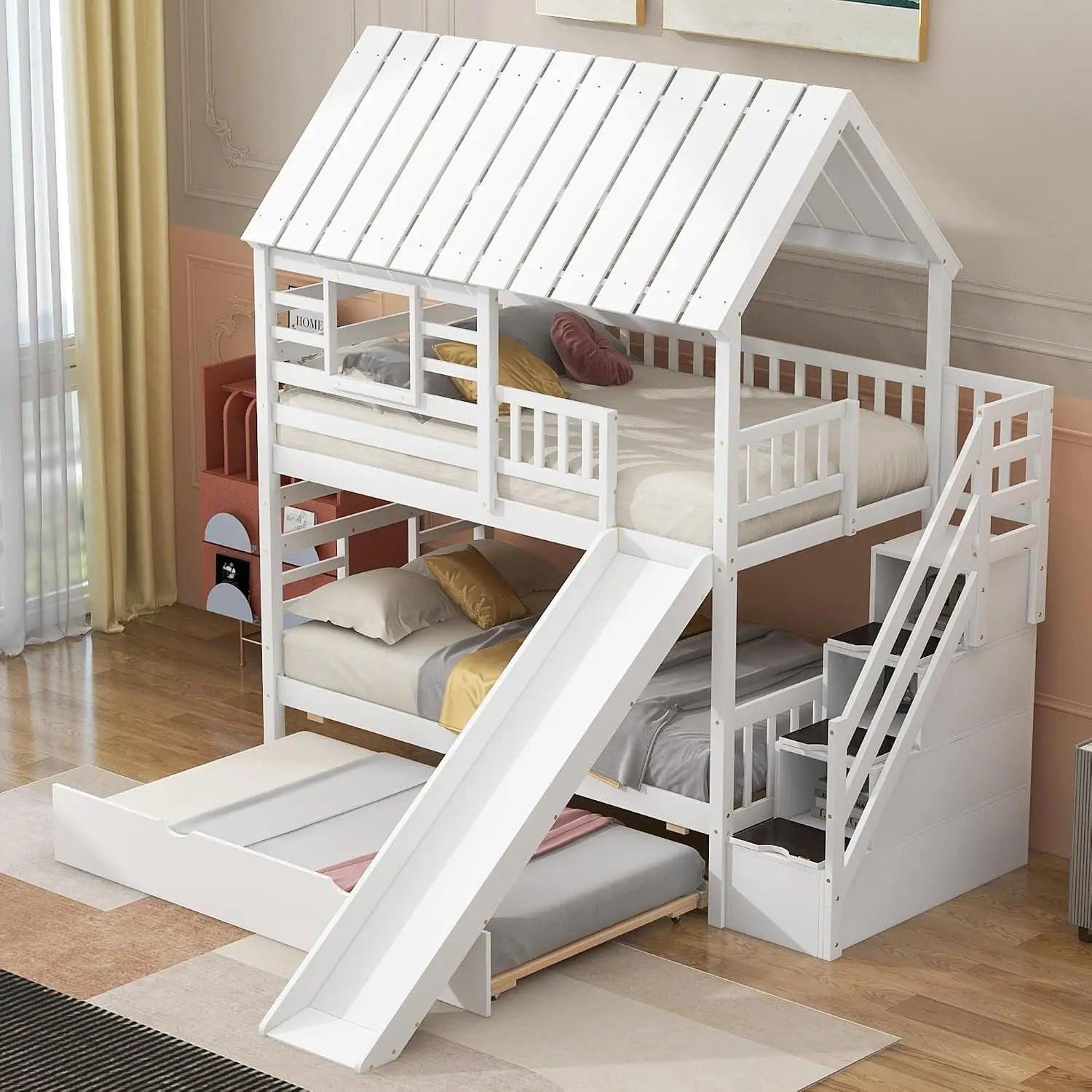 Twin Over Twin House Bunk Bed with Slide & Trundle
