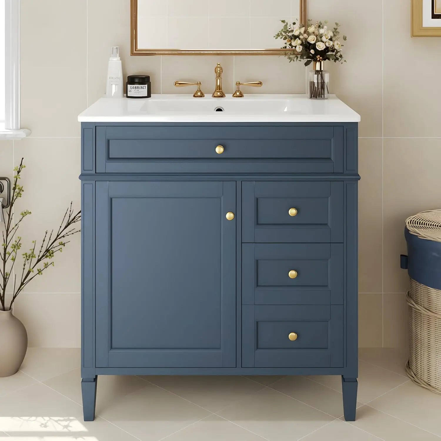 30" Bathroom Vanity Sink Modern Single Door 2 Drawers Tip-Out Drawer