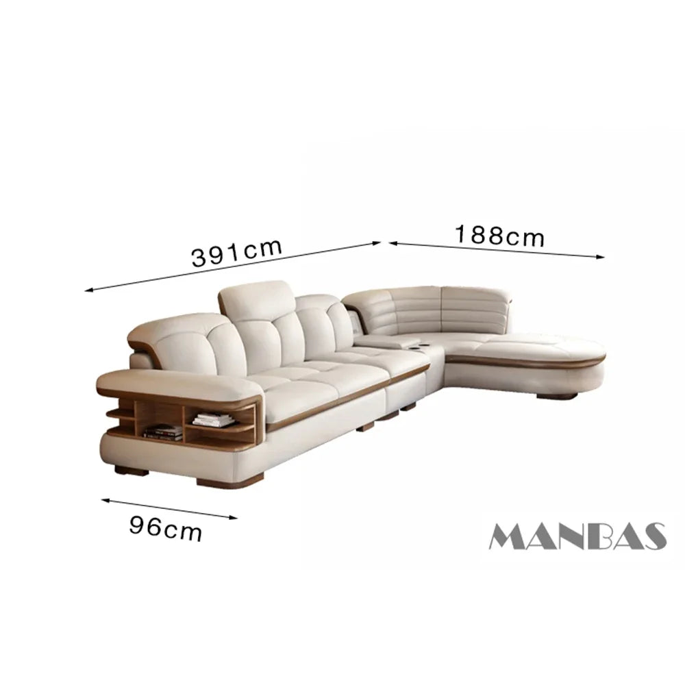 Luxury L-Shaped Genuine Leather Sectional Sofa Sets with USB, Bluetooth Speaker