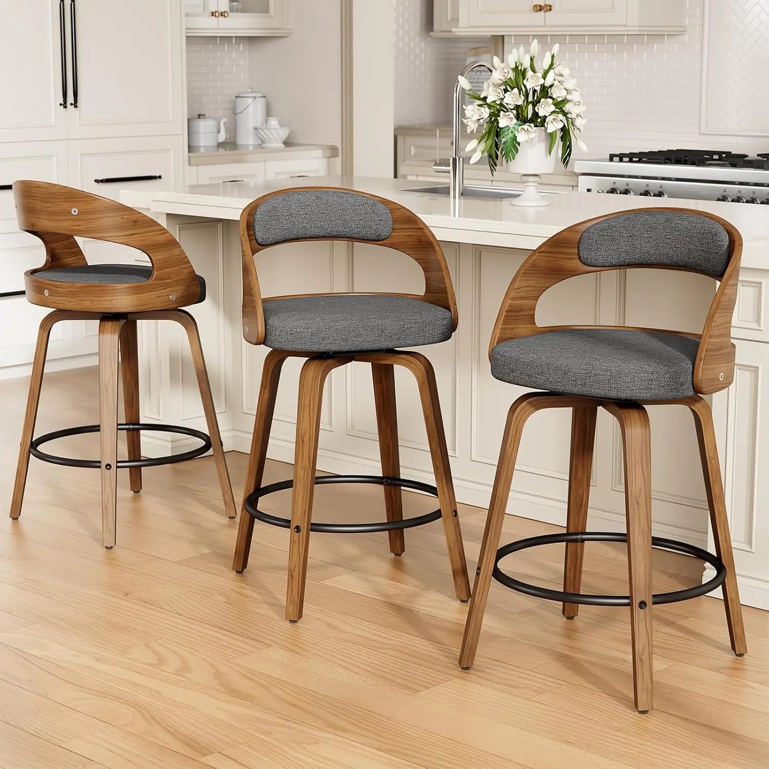26in Bentwood Counter Stools Set 3 Leather Swivel
