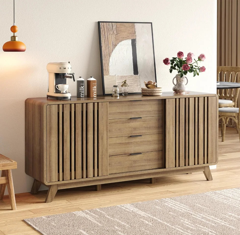 Walnut Sideboard Buffet Cabinet with Sliding Doors and Storage for Living Room or Kitchen