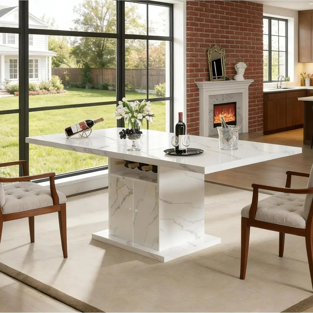 Expandable Marble Top Dining Table, Seats 4-6, 47-63 Inches with Storage