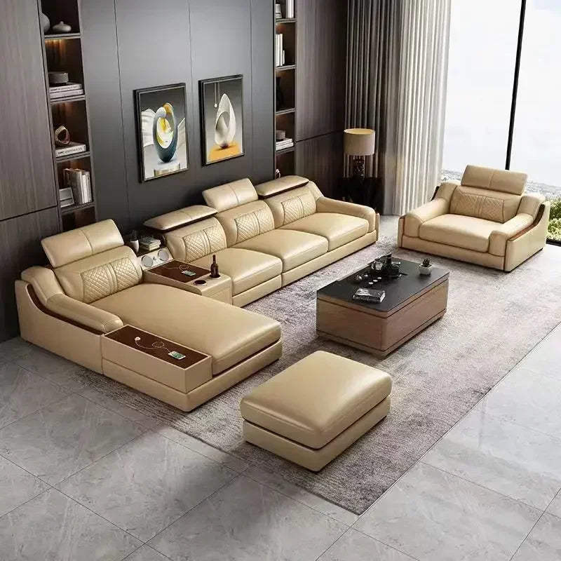 Stylish Italian Genuine Leather Sofa for Living Room with USB, Adjustable Headrests & Bluetooth Speaker