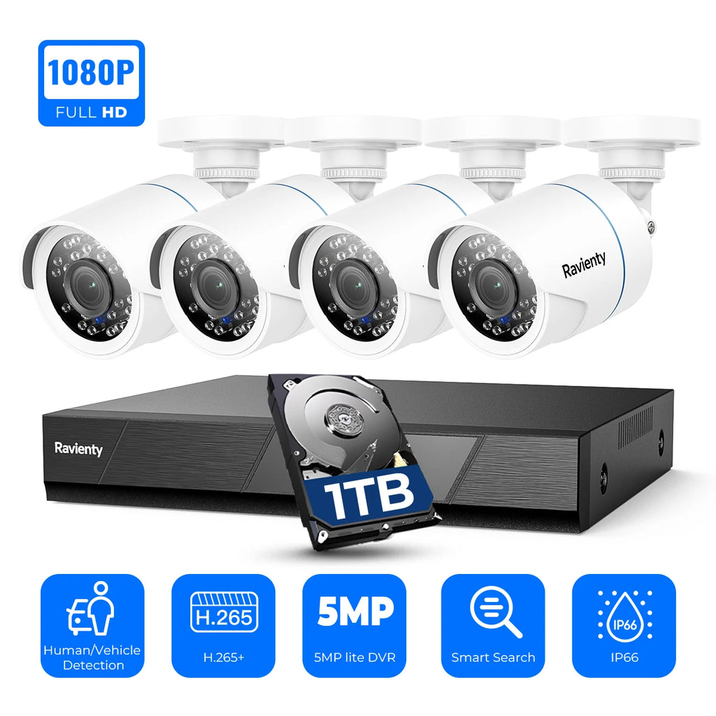 1080P 8CH CCTV Security System AI Human/Vehicle Detection Wired Surveillance Cameras