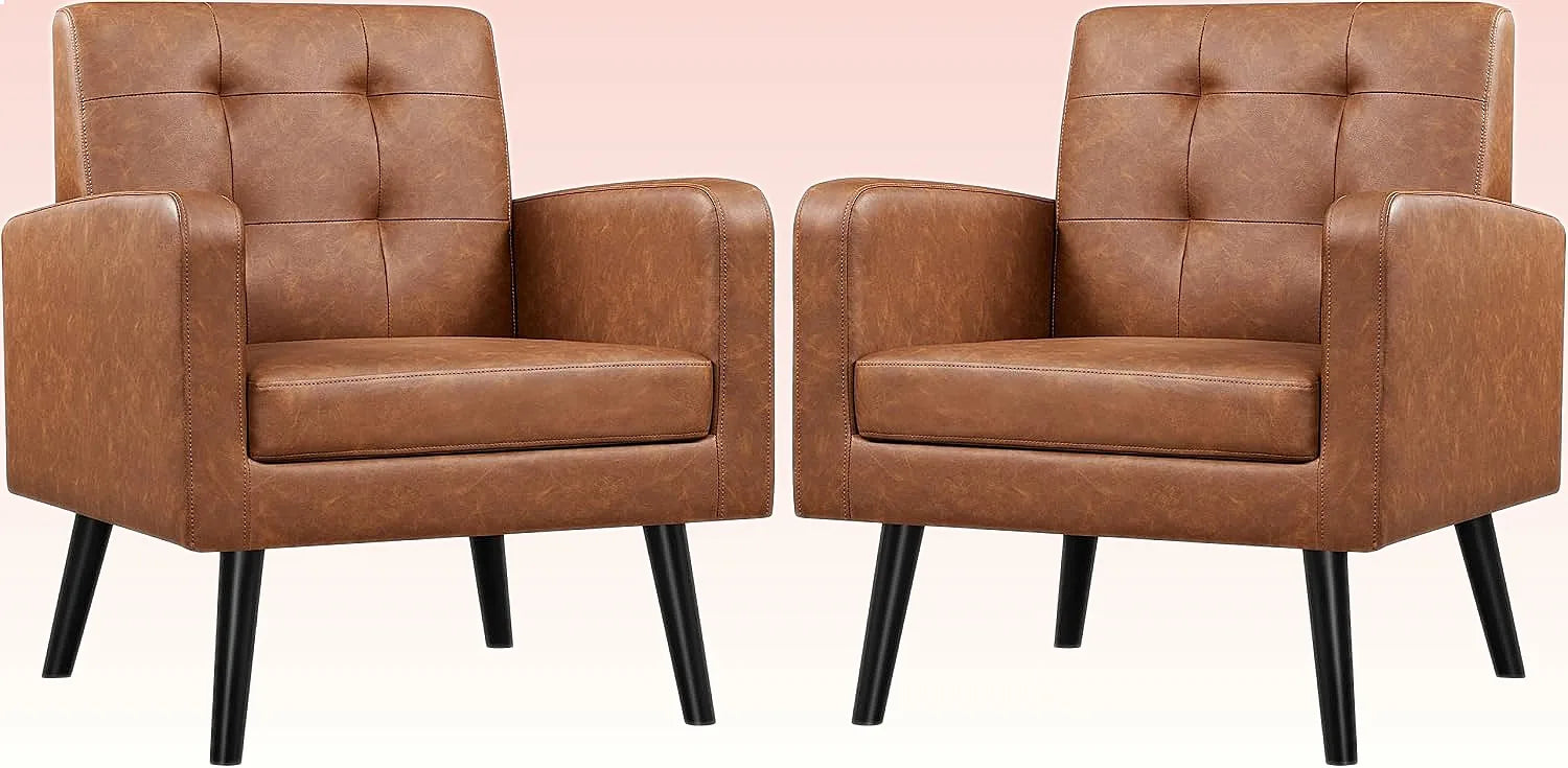Mid-Century Leather Accent Chairs Set of 2