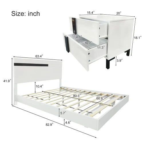 Modern 3-Piece Bedroom Set Floating Bed Frame Queen Size LED Light & 2 Nightstands, White