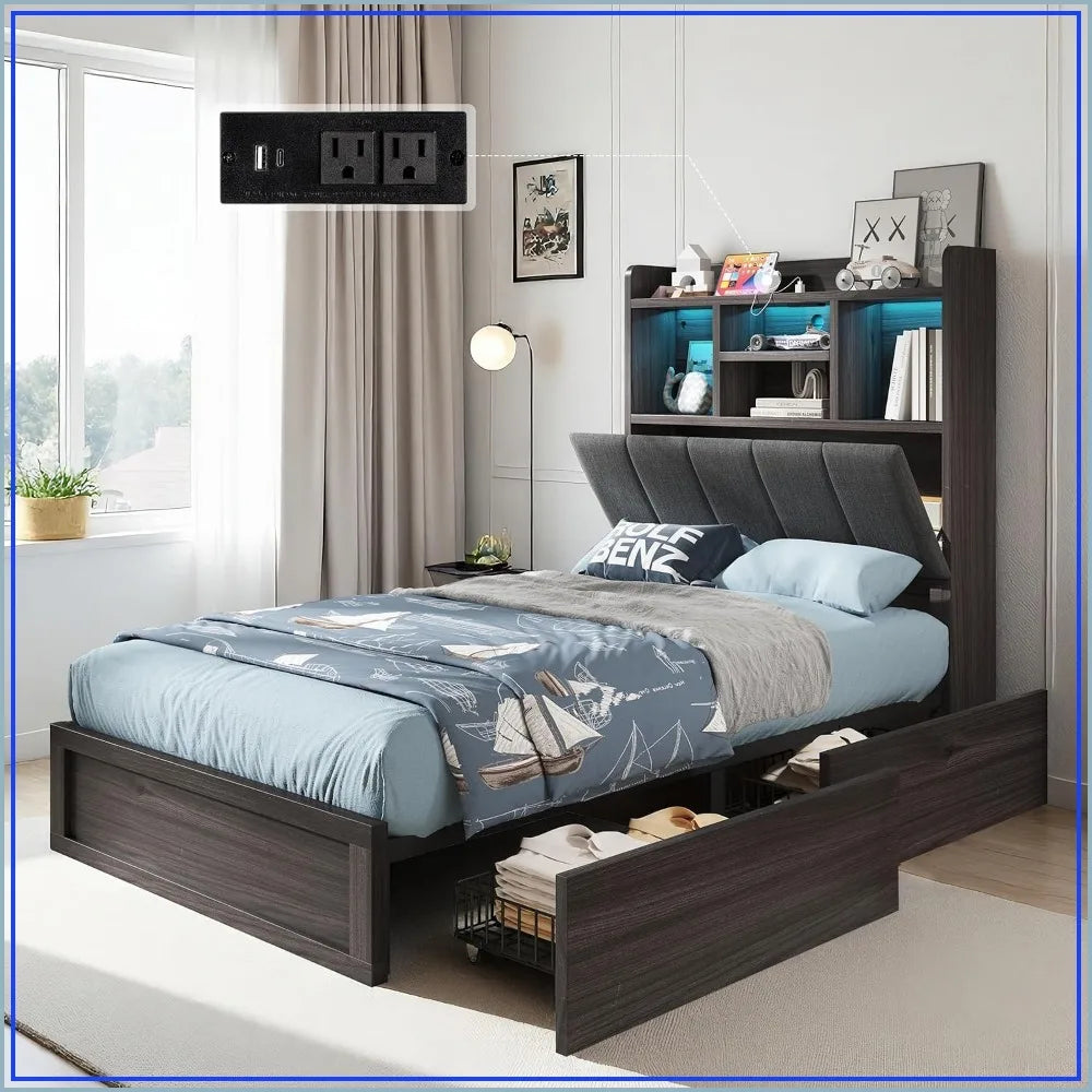 Twin Farmhouse Bed Frame with Bookcase Headboard,