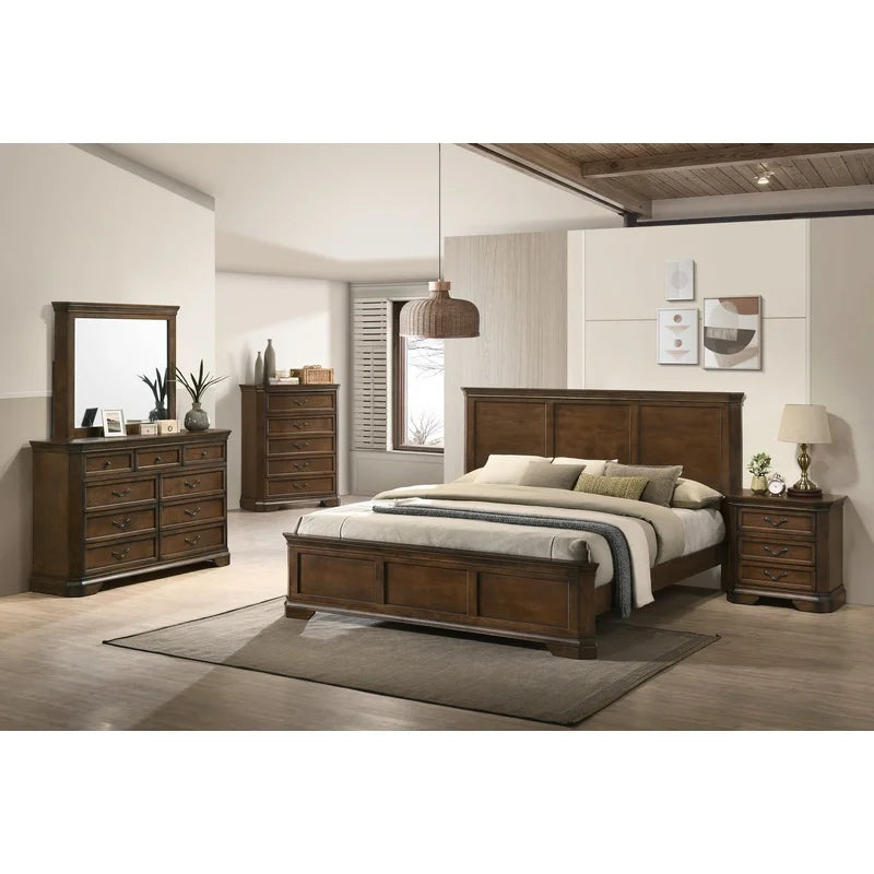 Traditional Wood Queen Bed Set with Dresser Mirror Nightstand Chest
