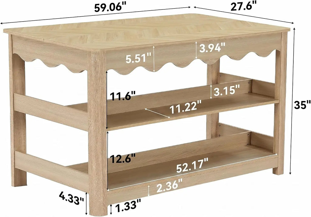 Large Farmhouse Kitchen Island Table With Storage And Seating Space, Three Tier Wooden Food Prep Station Counter With Spacious Worktop And Leg Room, Modern Coffee Bar Utility Shelf Rack, Light Oak