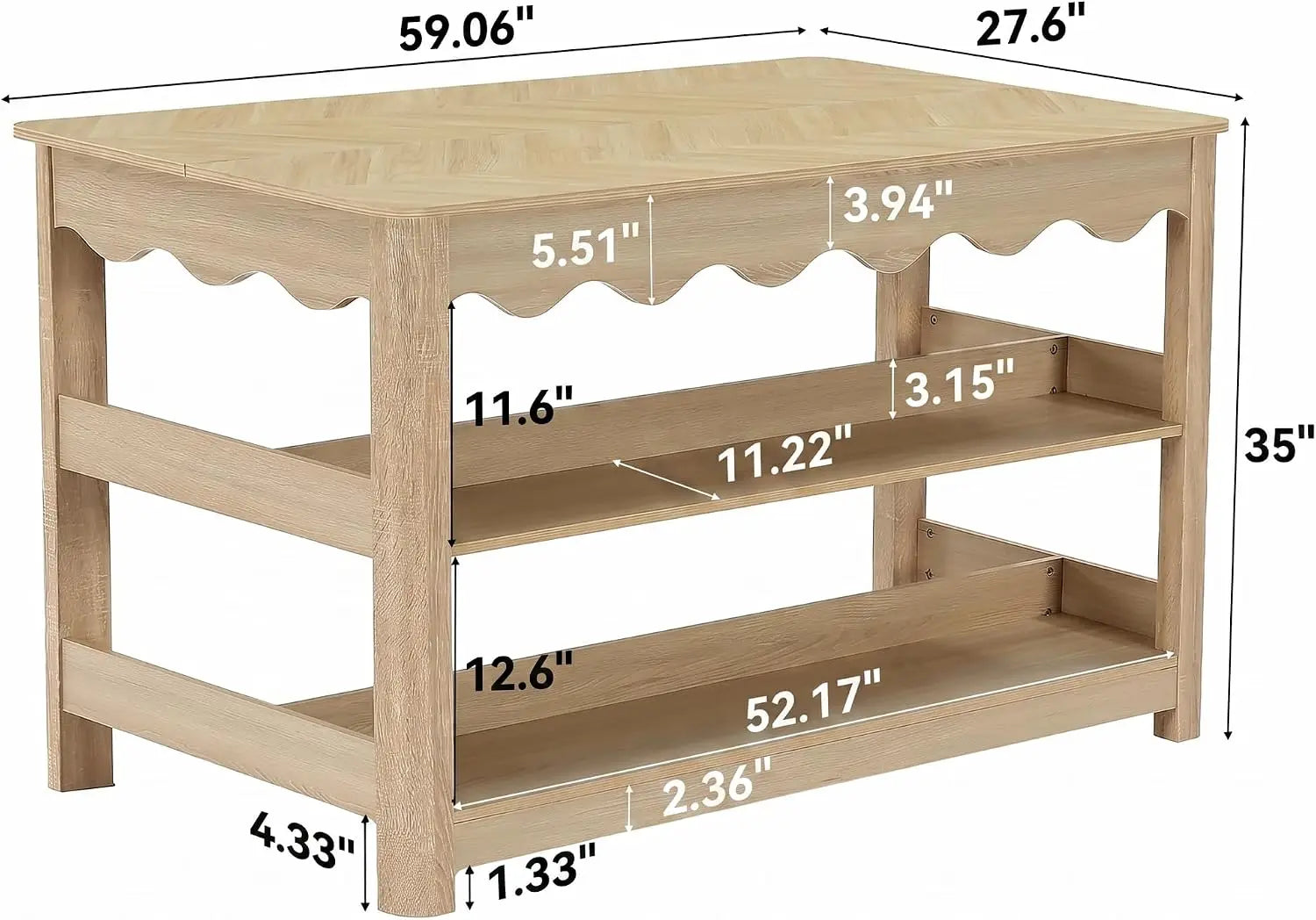 Large Farmhouse Kitchen Island Table With Storage And Seating Space, Three Tier Wooden Food Prep Station Counter With Spacious Worktop And Leg Room, Modern Coffee Bar Utility Shelf Rack, Light Oak