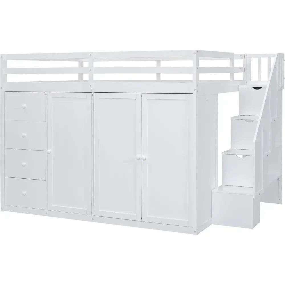 White Full Loft Bed with Stairs, Wooden Bed Frame, Storage and Cabinet, Suitable for Kids, Teens, and Adults