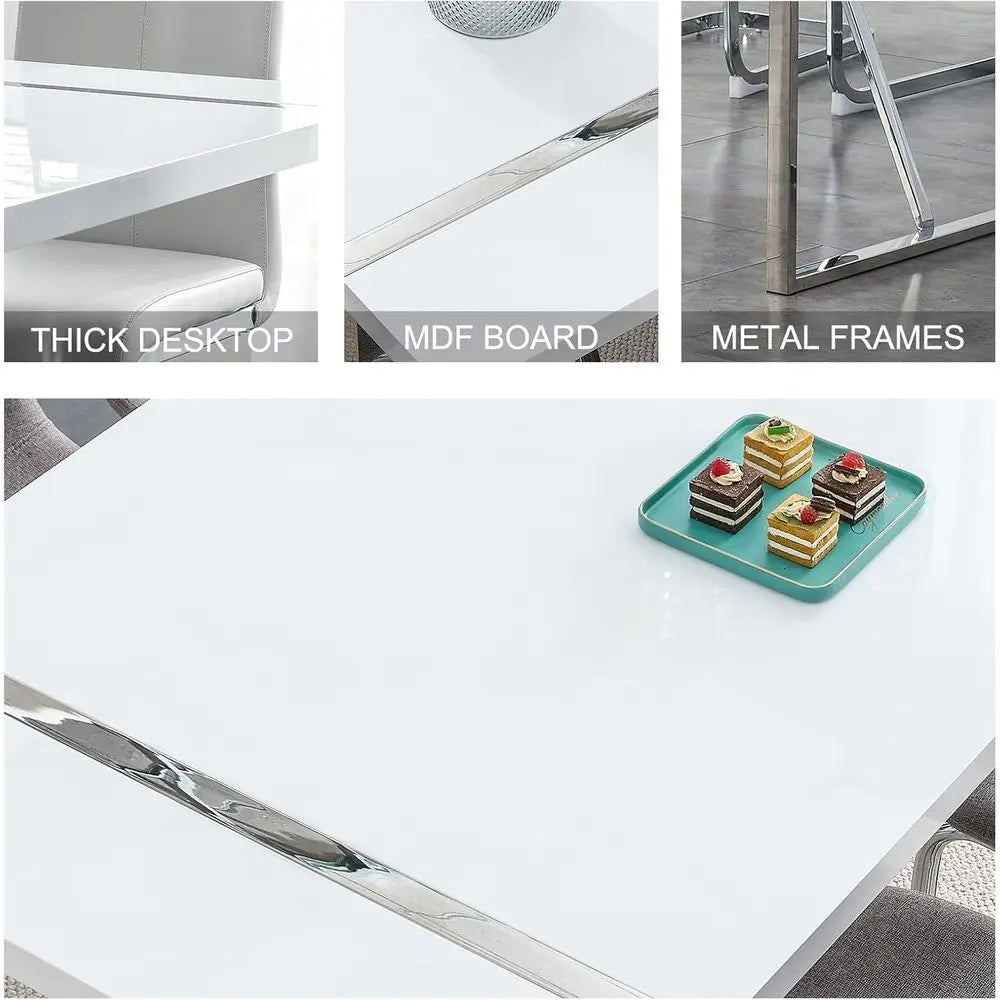 White 4-Seat Modern Dining Table with Leather Chairs Set
