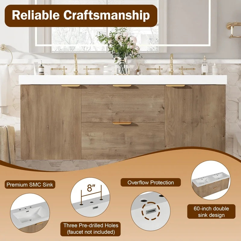 59.3" Double Sink Bathroom Vanity with SMC Top, MDF Cabinet, Soft-Close DoorsBathrooms