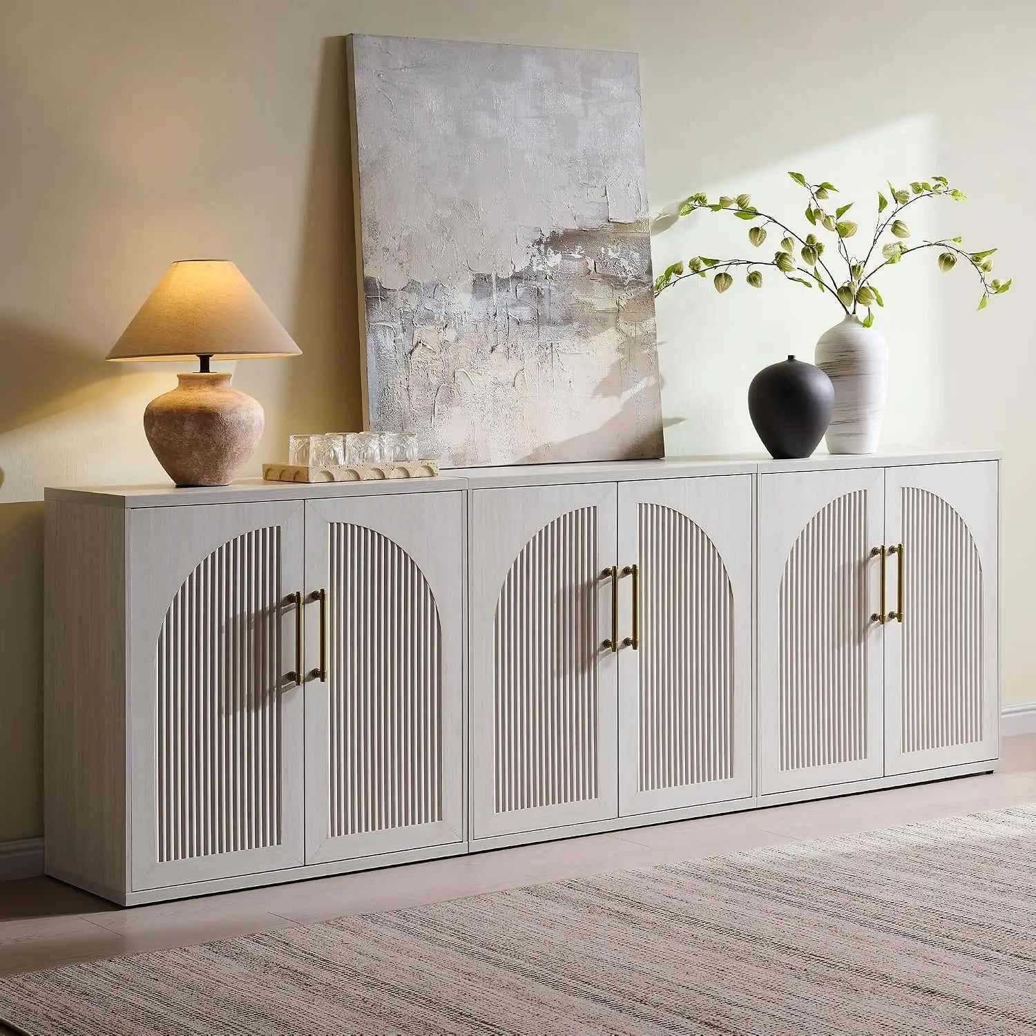 Fluted Arched Door Sideboard Set of 3, Accent Cabinet with Adjustable Shelf, Wood Storage for Dining & Living Room, Customized