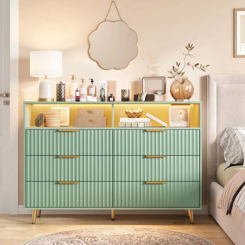Modern Curved Fluted Wood Dresser With 6 Drawers LED Lights And Charging Station Room