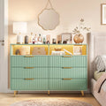 Modern Curved Fluted Wood Dresser With 6 Drawers LED Lights And Charging Station Room