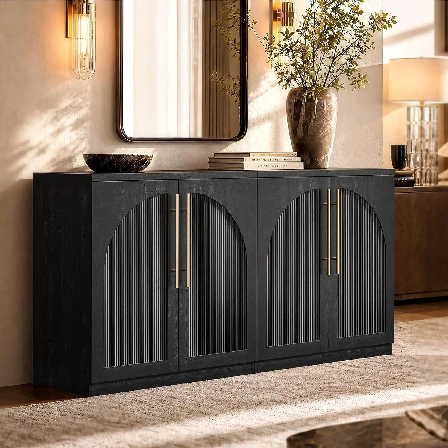 Set of 2 Arched Sideboard Cabinets, 62" Modular Storage Buffet Table with Wave-Panel Doors, Black Wood Grain Media, Customized