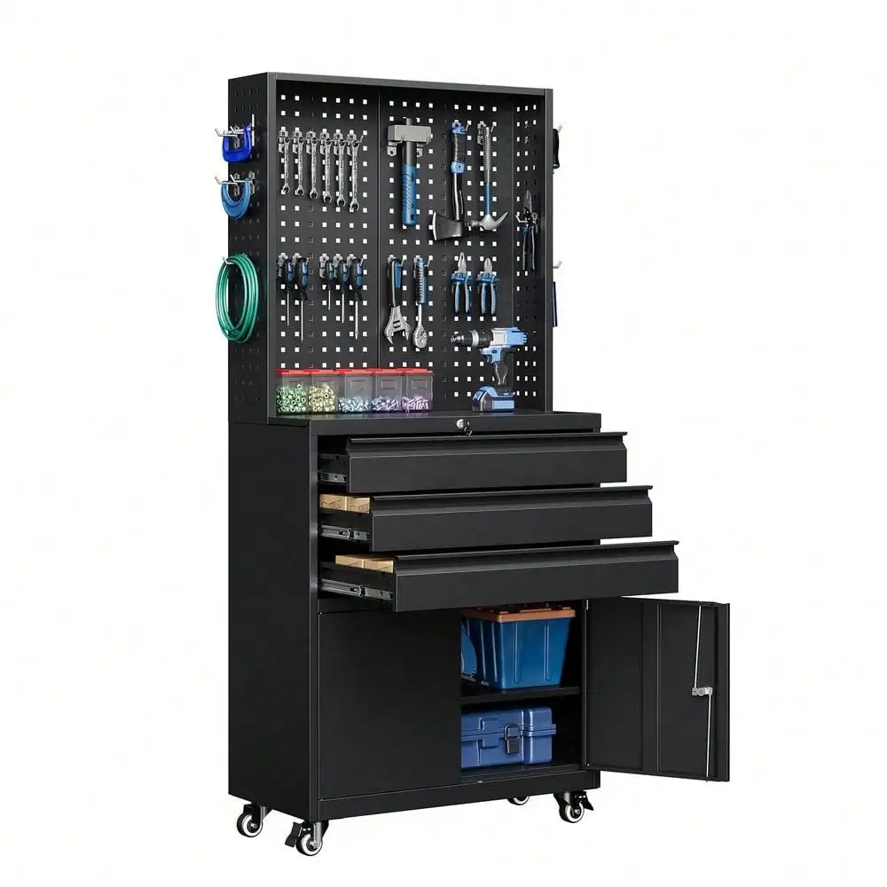 Metal Garage Storage Cabinet With Wheels,3Drawer Rolling Tool Cabinet With 2 Door And Adjustable Shelves, 71 Steel Tool Cabinet