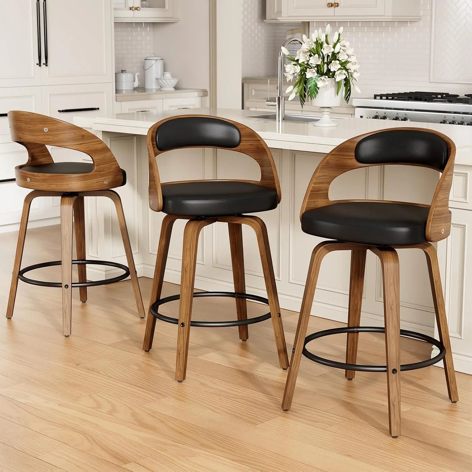 26in Bentwood Counter Stools Set 3 Leather Swivel