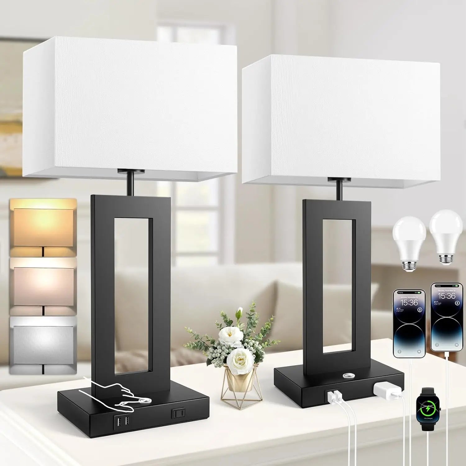 Set of 2 Table Lamps for Bedrooms with Touch Control