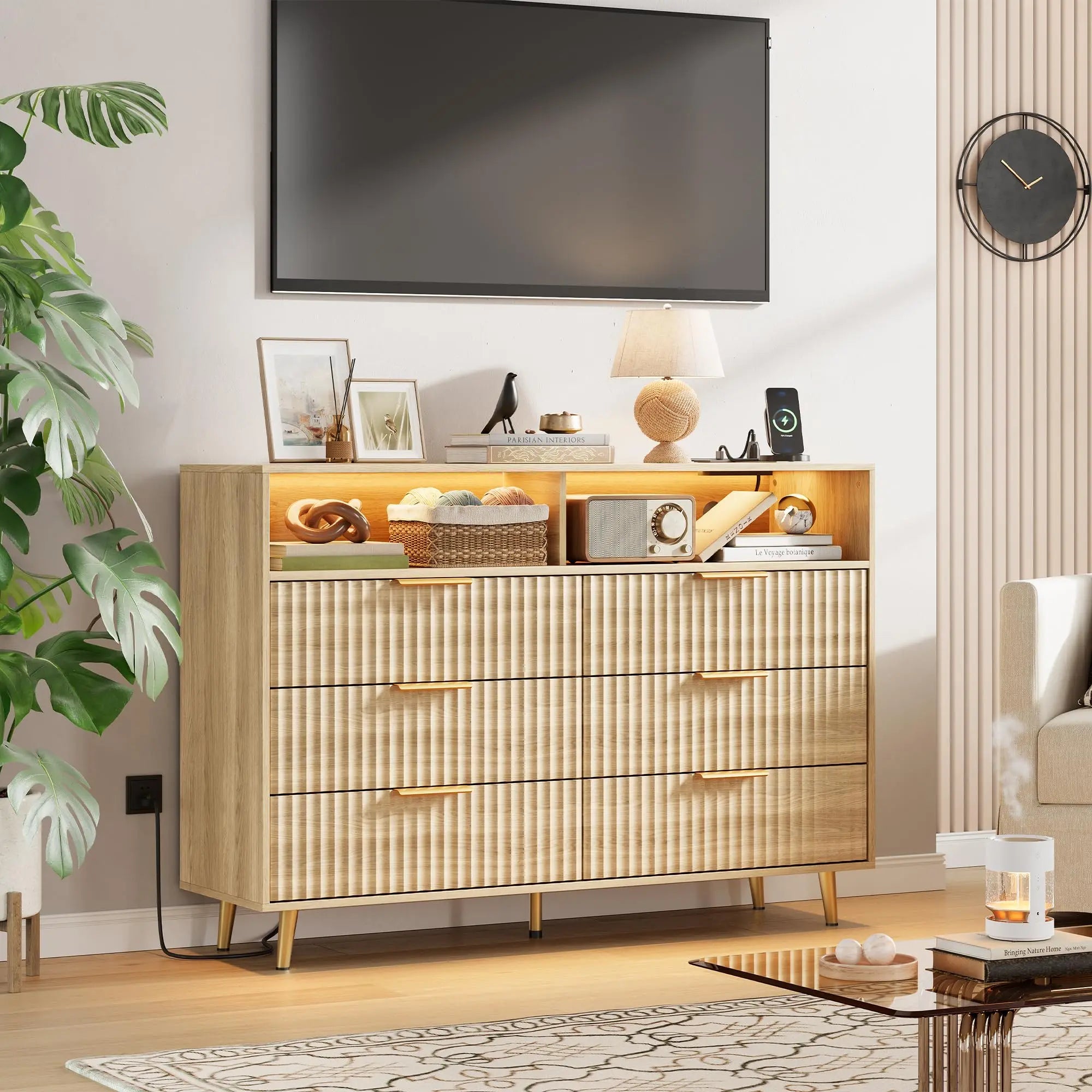 Modern Curved Fluted Wood Dresser With 6 Drawers LED Lights And Charging Station Room