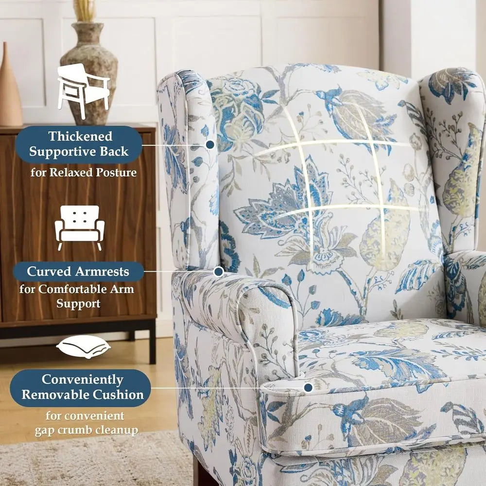 Upholstered High Back Armchair with Solid Wood Legs,