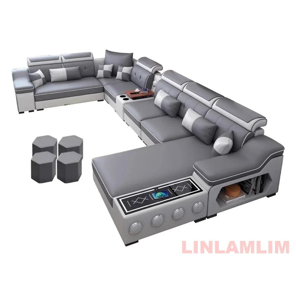 Modern Scientific Fabric Sectional Sofa Set Chaise Lounge, Bluetooth Speakers, USB Charging Ports