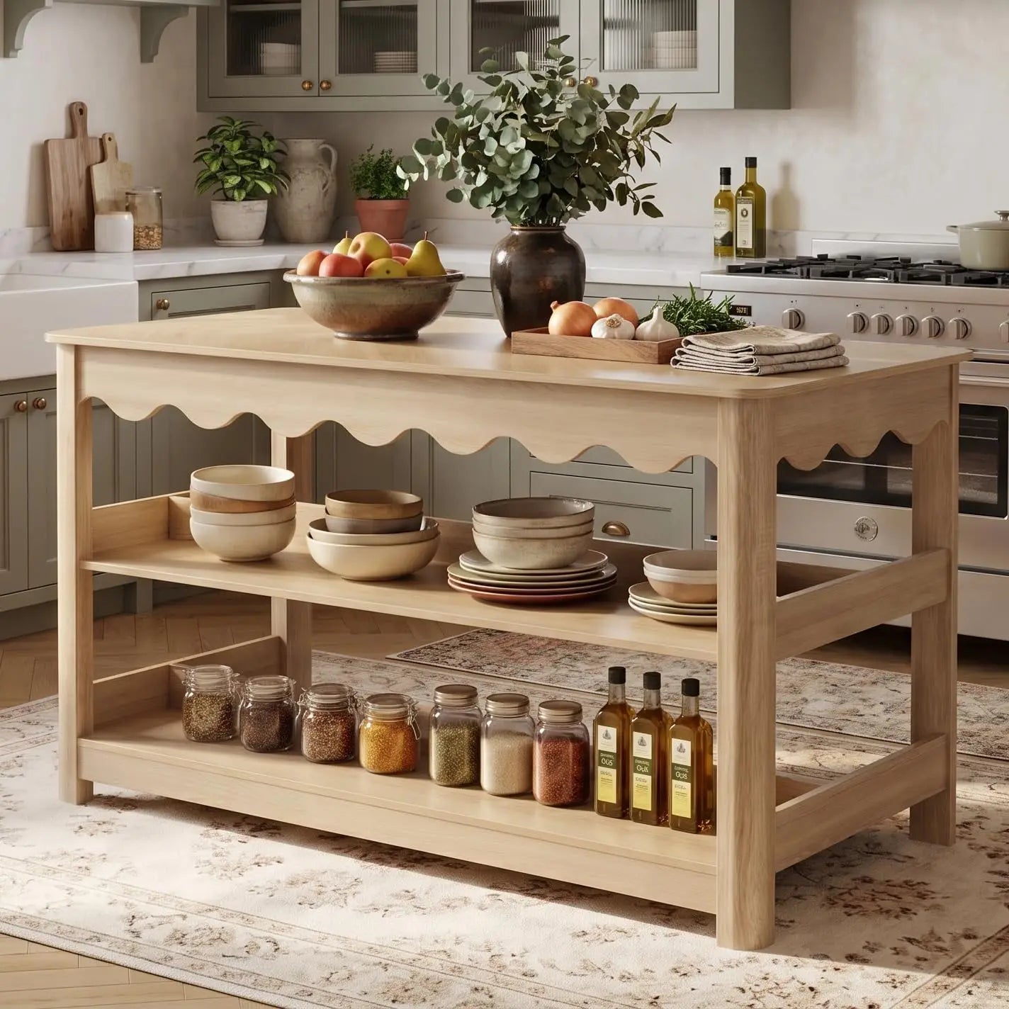 Large Farmhouse Kitchen Island Table With Storage And Seating Space, Three Tier Wooden Food Prep Station Counter With Spacious Worktop And Leg Room, Modern Coffee Bar Utility Shelf Rack, Light Oak