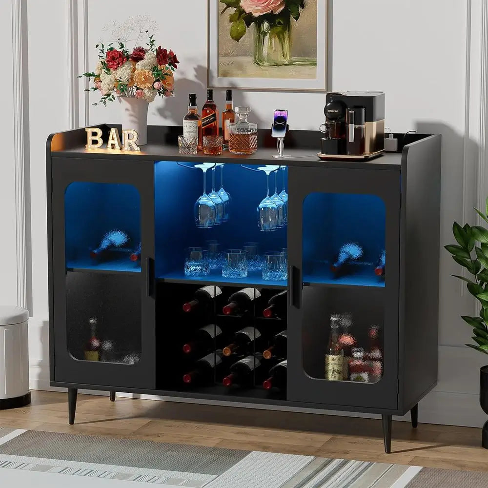 Illuminated Wine and Liquor Cabinet with Power Outlet
