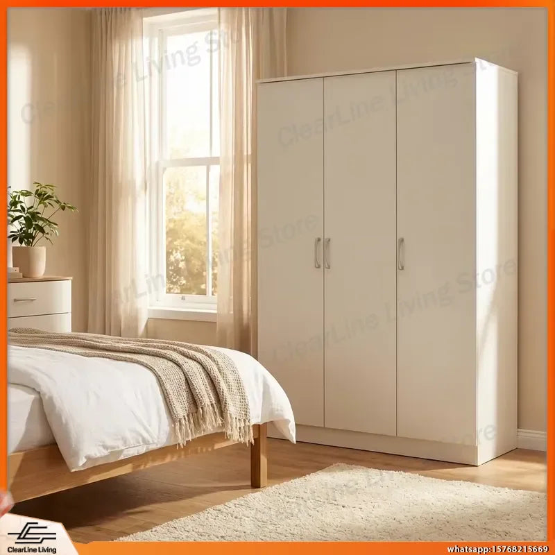 White 3 Door Wardrobe Armoire with Shelf and Hanging Rail