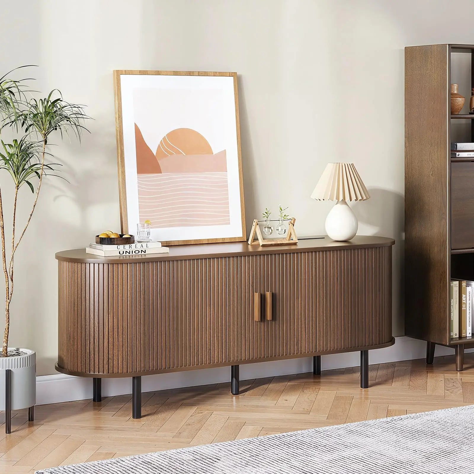 TV Stand, Power Outlet, 60/70",TV, Sliding Doors, Adjustable Shelves