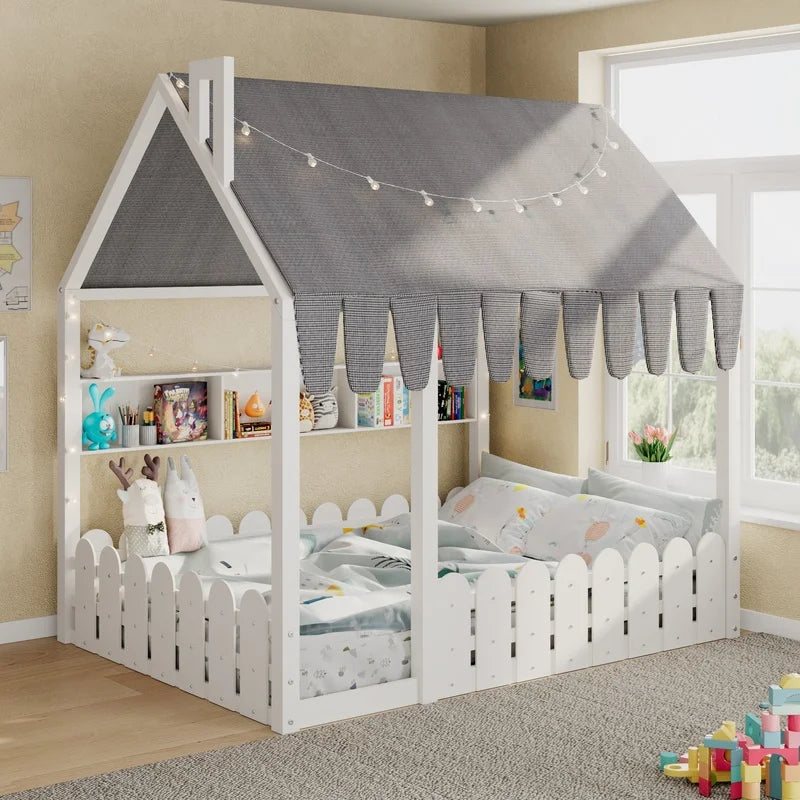 White Full Size Montessori Floor Bed with Fence