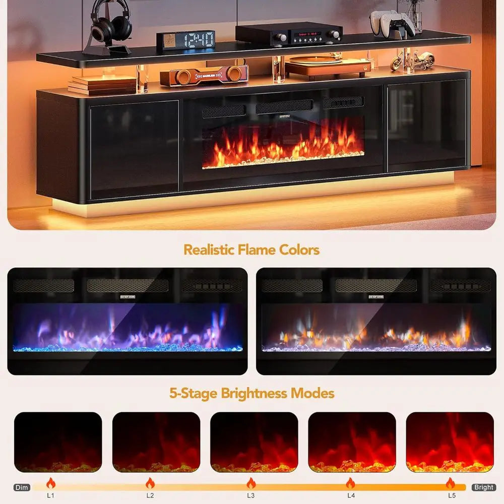 70 White TV Stand for Living Room, Electric Fireplace Entertainment Center with Dual LED Lights and Storage Cabinet, Supports TV