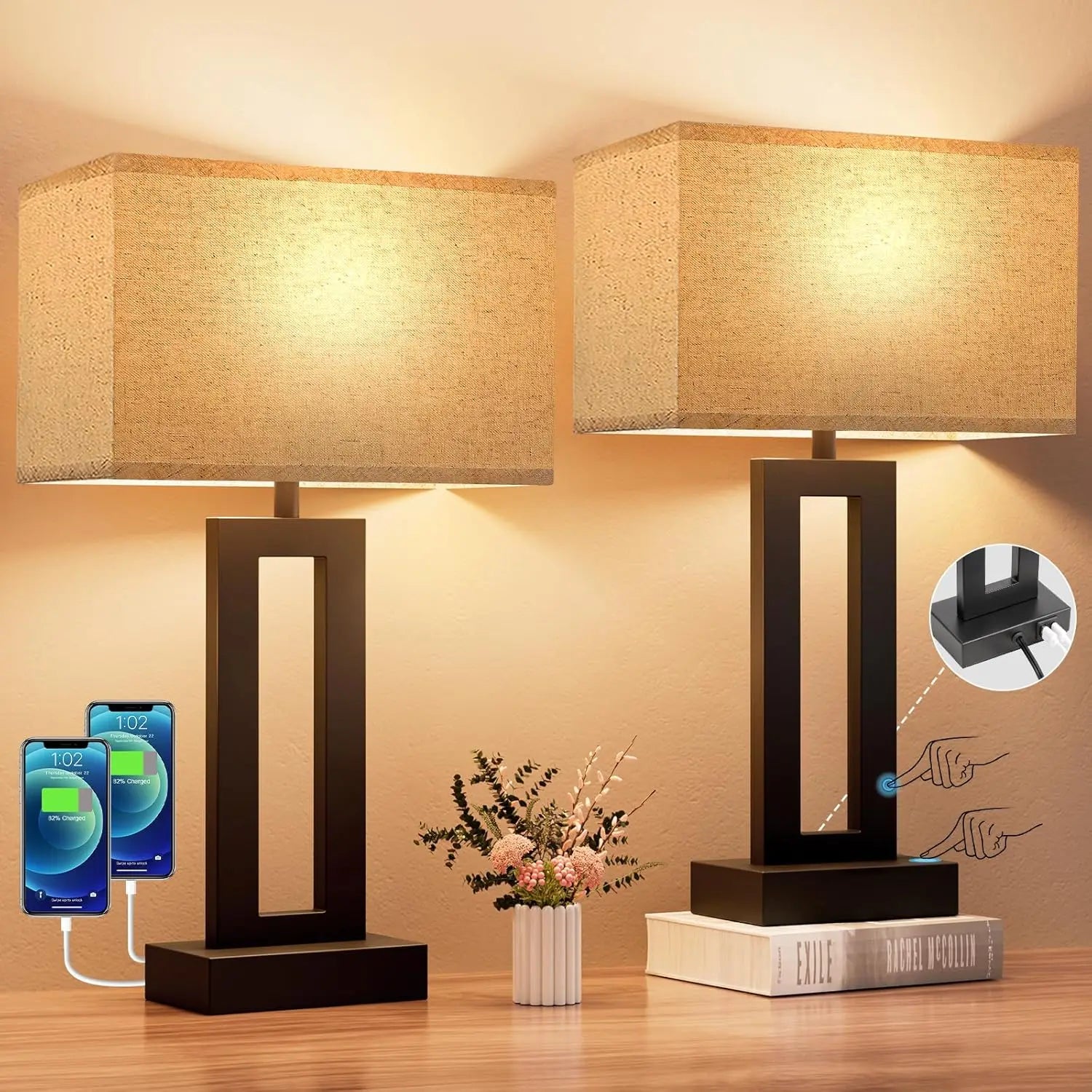 Night Stands Lamps with Touch Control, USB C+A Charging