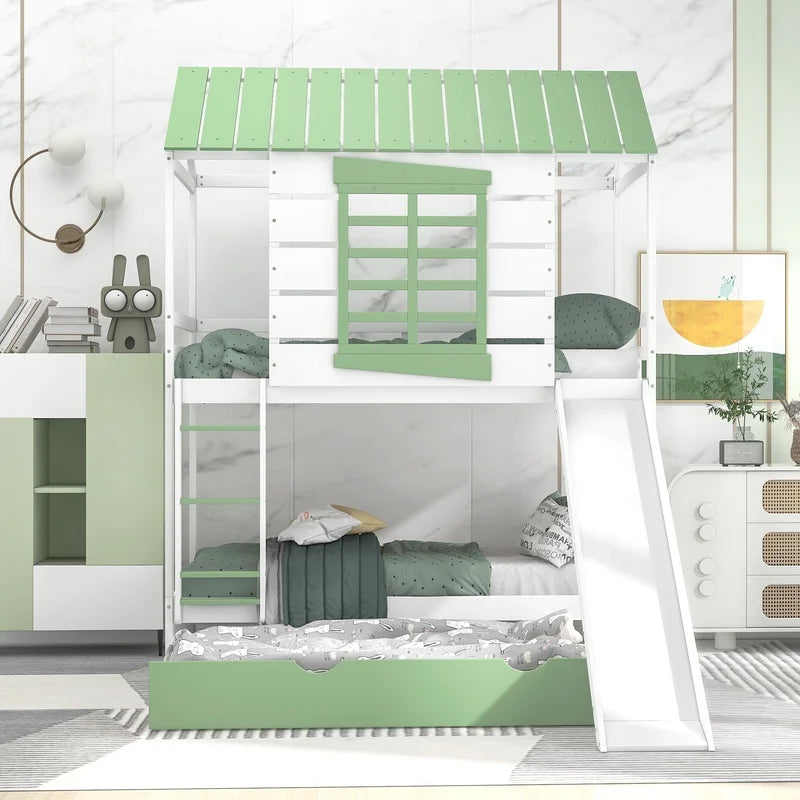 White Green Twin Over Twin Bunk Bed with Slide and Trundle