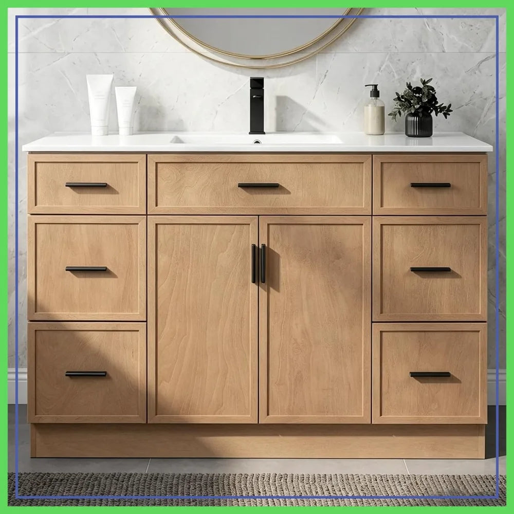 48" Bathroom Vanity with Sink, 6 Drawers 2 Doors, Freestanding, Ceramic Basin, Floor Standing Storage
