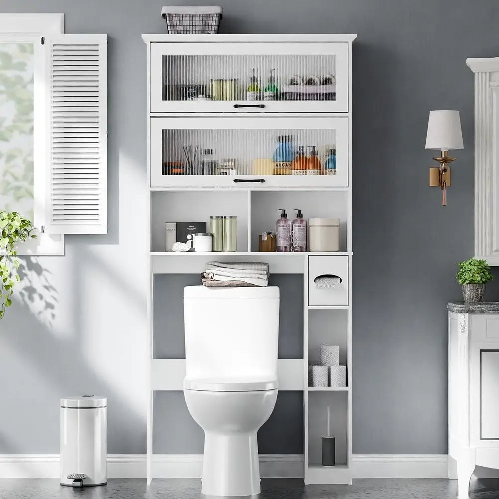 White Transparent Door Over-the-Toilet Storage Cabinet
