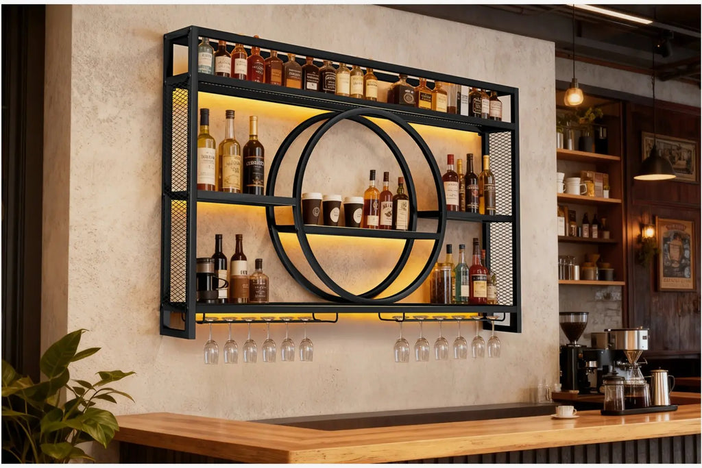 Wall-Mounted Metal Wine Rack & Bar Shelf