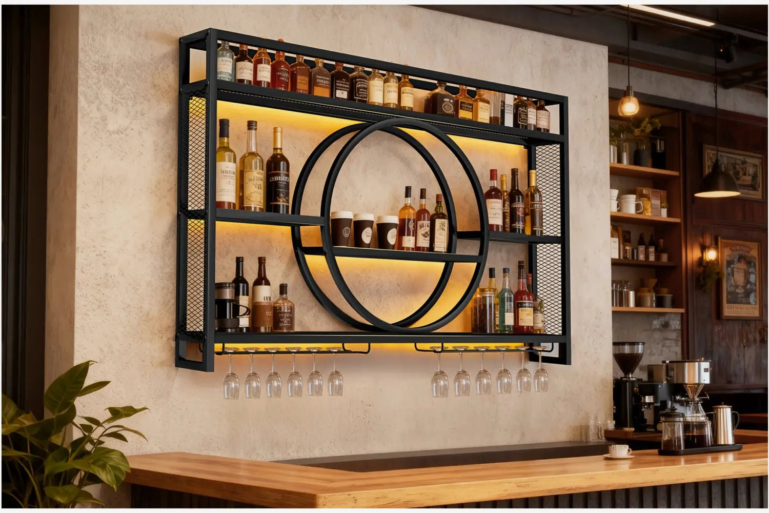 Wall-Mounted Metal Wine Rack & Bar Shelf