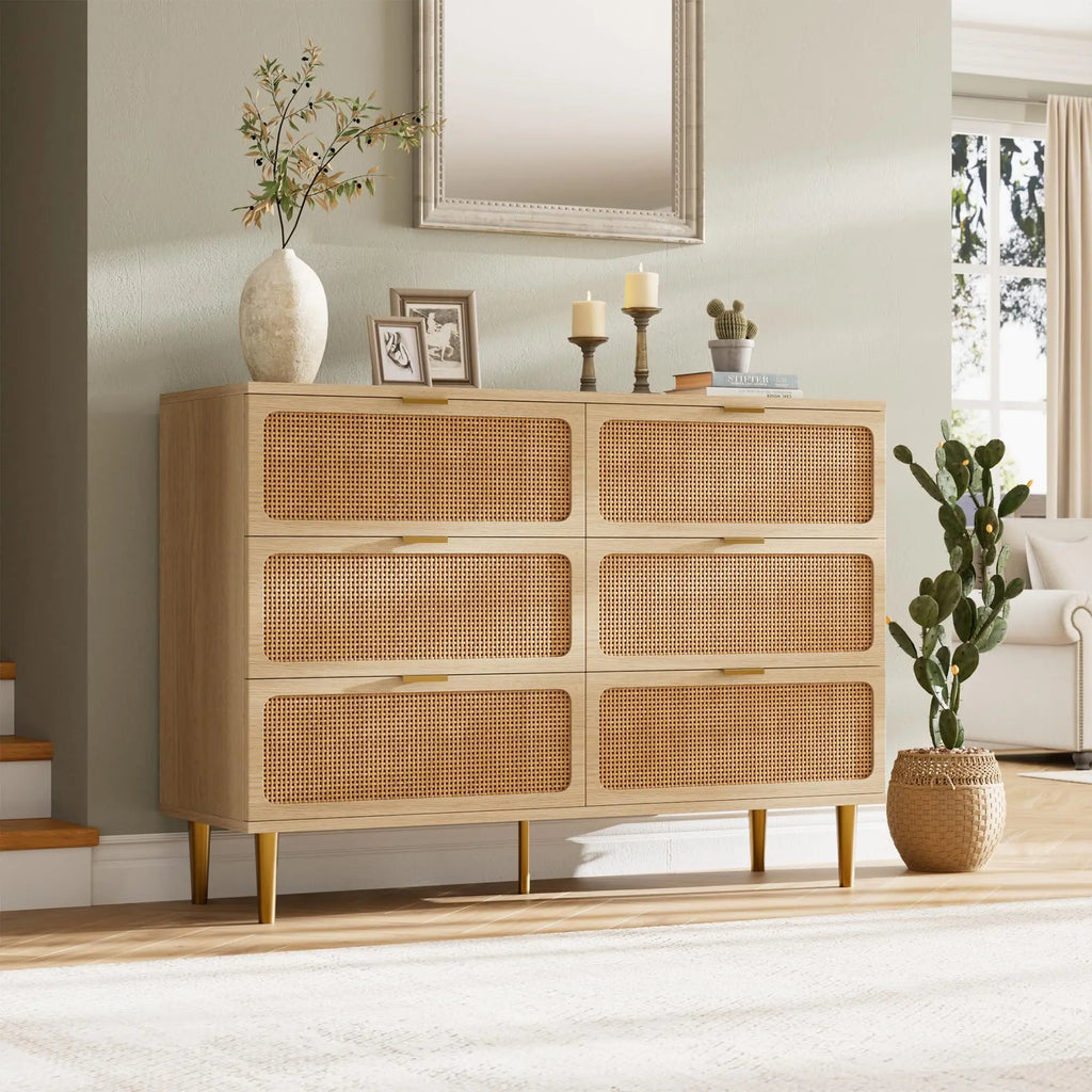 6-Drawer Rattan Dresser, Natural Hand-Woven Rattan & Wood Large Storage Dresser